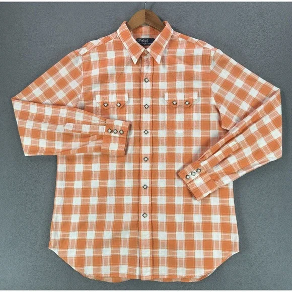 Polo Ralph Lauren Pearl Snap Shirt Large Orange Western Cowboy Saw Tooth Pocket - Picture 3 of 8